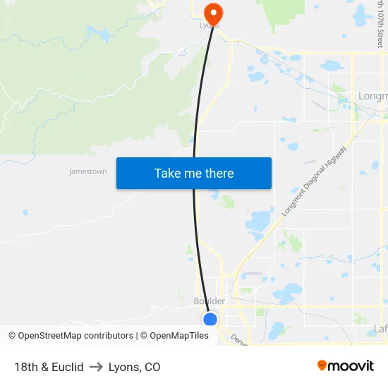 18th & Euclid to Lyons, CO map