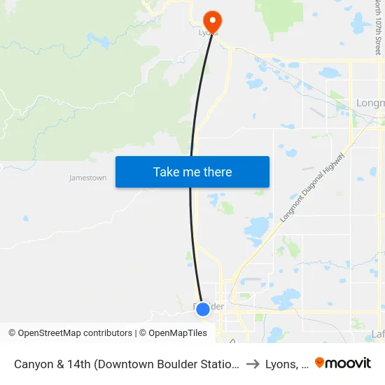 Canyon & 14th (Downtown Boulder Station Gate K) to Lyons, CO map