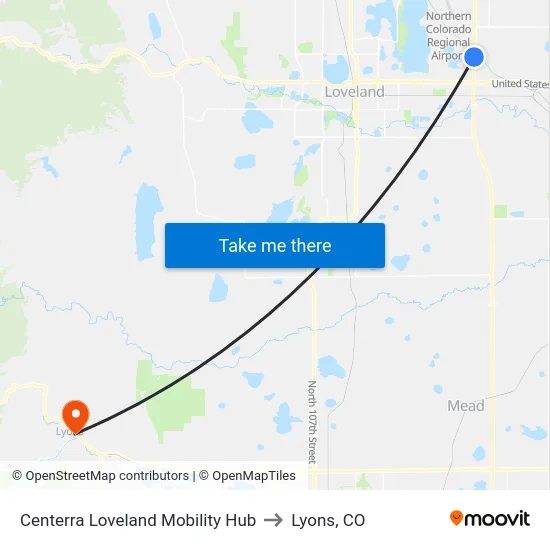Centerra Loveland Mobility Hub to Lyons, CO map