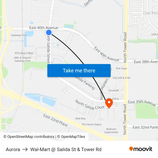 Aurora to Wal-Mart @ Salida St & Tower Rd map