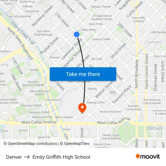 Denver to Emily Griffith High School map