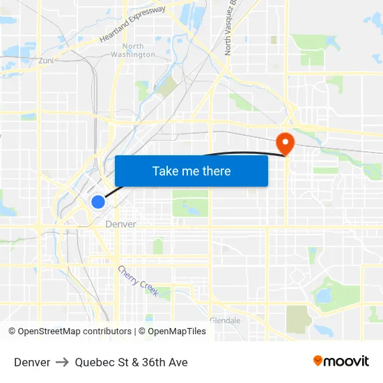 Denver to Quebec St & 36th Ave map