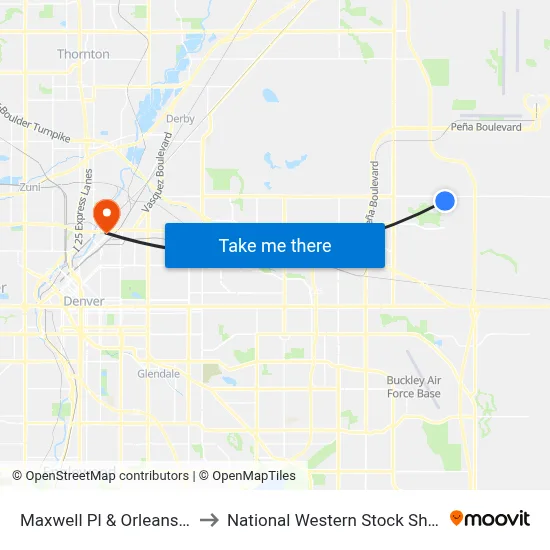 Maxwell Pl & Orleans St to National Western Stock Show map
