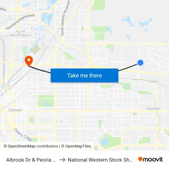 Albrook Dr & Peoria St to National Western Stock Show map