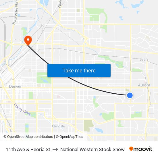 11th Ave & Peoria St to National Western Stock Show map