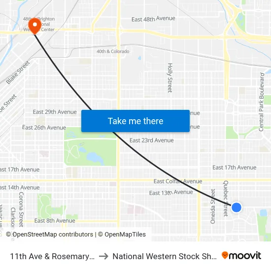 11th Ave & Rosemary St to National Western Stock Show map