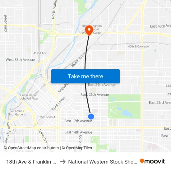 18th Ave & Franklin St to National Western Stock Show map
