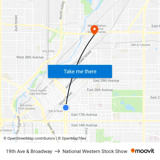 19th Ave & Broadway to National Western Stock Show map