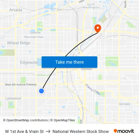 W 1st Ave & Vrain St to National Western Stock Show map
