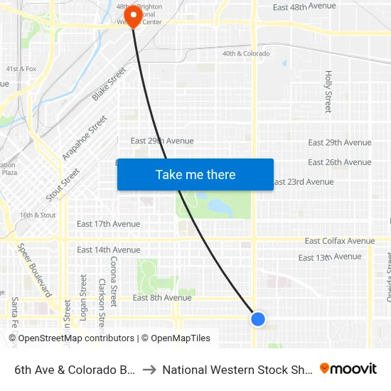 6th Ave & Colorado Blvd to National Western Stock Show map