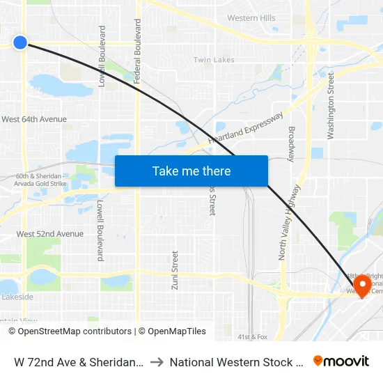 W 72nd Ave & Sheridan Blvd to National Western Stock Show map