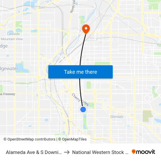 Alameda Ave & S Downing St to National Western Stock Show map