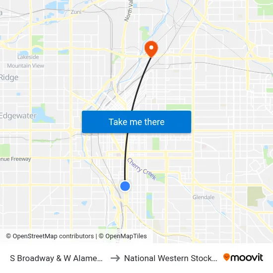 S Broadway & W Alameda Ave to National Western Stock Show map