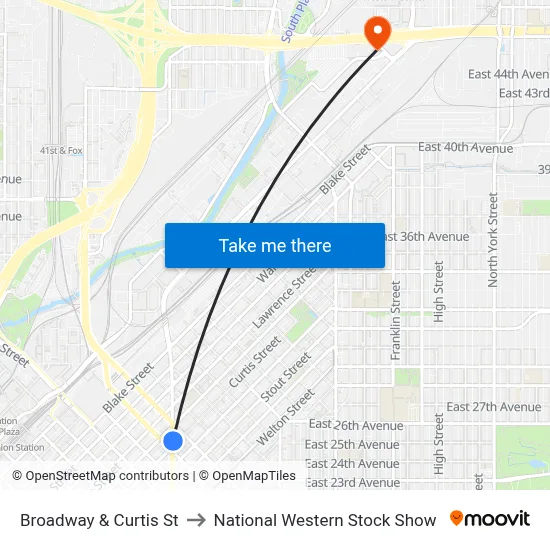 Broadway & Curtis St to National Western Stock Show map