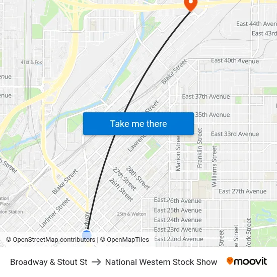 Broadway & Stout St to National Western Stock Show map