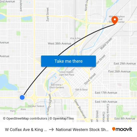 W Colfax Ave & King St to National Western Stock Show map