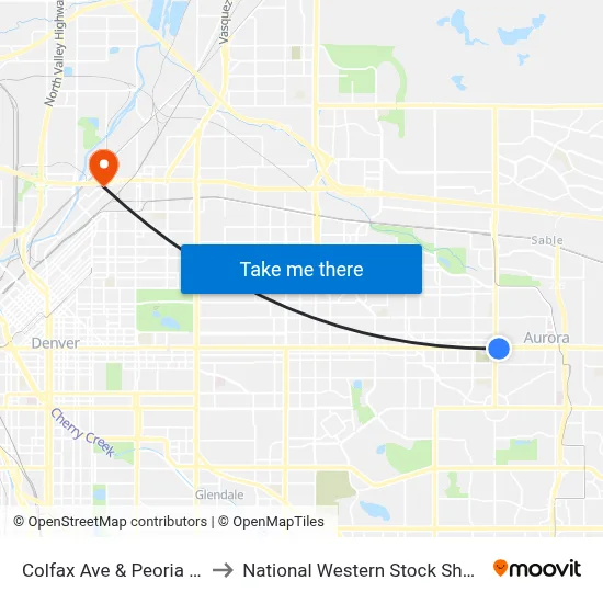 Colfax Ave & Peoria St to National Western Stock Show map
