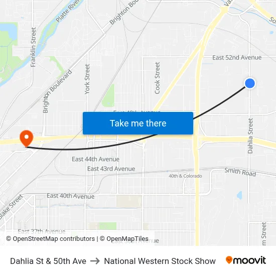 Dahlia St & 50th Ave to National Western Stock Show map