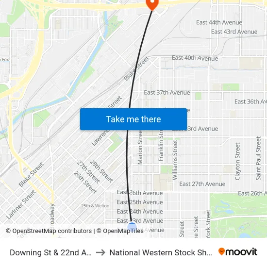 Downing St & 22nd Ave to National Western Stock Show map