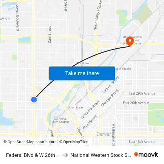 Federal Blvd & W 26th Ave to National Western Stock Show map