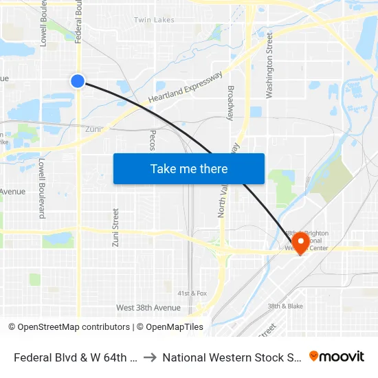 Federal Blvd & W 64th Ave to National Western Stock Show map