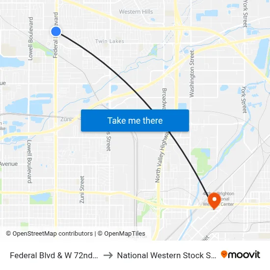 Federal Blvd & W 72nd Ave to National Western Stock Show map