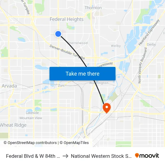 Federal Blvd & W 84th Ave to National Western Stock Show map