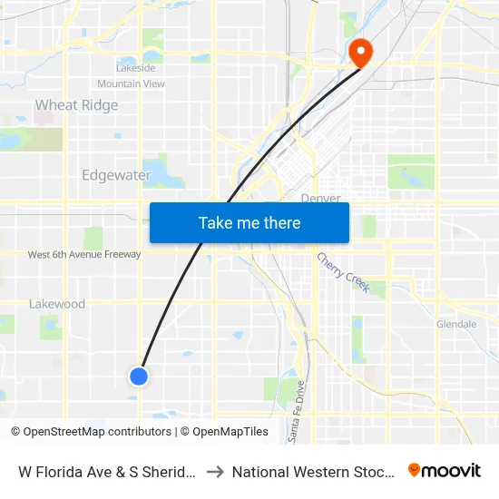 W Florida Ave & S Sheridan Blvd to National Western Stock Show map