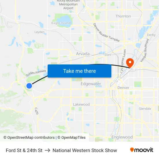 Ford St & 24th St to National Western Stock Show map