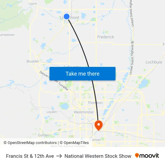 Francis St & 12th Ave to National Western Stock Show map