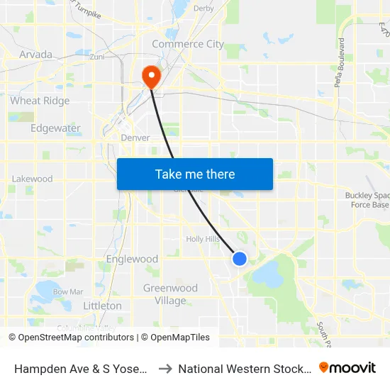 Hampden Ave & S Yosemite St to National Western Stock Show map