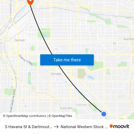 S Havana St & Dartmouth Ave to National Western Stock Show map