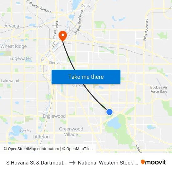 S Havana St & Dartmouth Ave to National Western Stock Show map