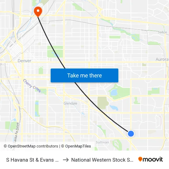 S Havana St & Evans Ave to National Western Stock Show map