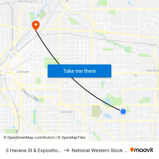 S Havana St & Exposition Ave to National Western Stock Show map
