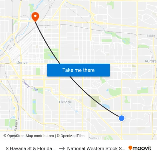 S Havana St & Florida Ave to National Western Stock Show map