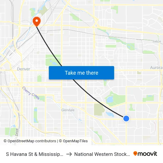 S Havana St & Mississippi Ave to National Western Stock Show map