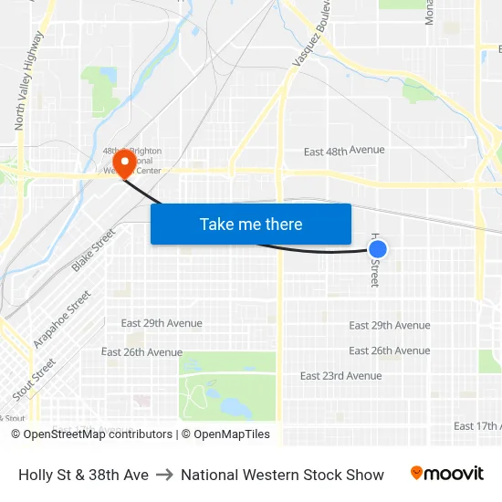 Holly St & 38th Ave to National Western Stock Show map