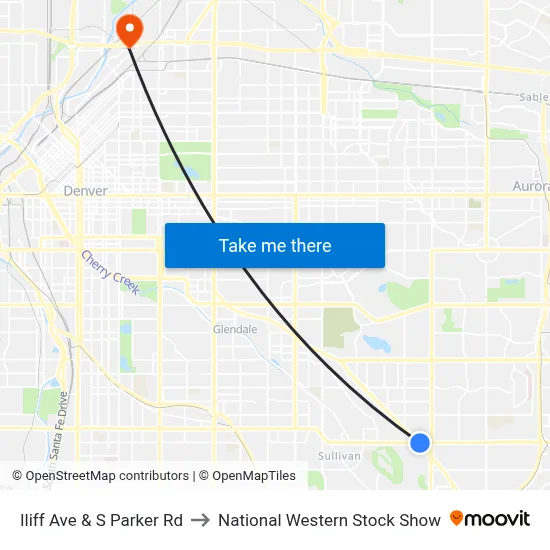 Iliff Ave & S Parker Rd to National Western Stock Show map