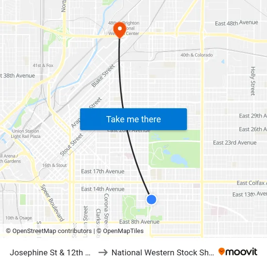 Josephine St & 12th Ave to National Western Stock Show map