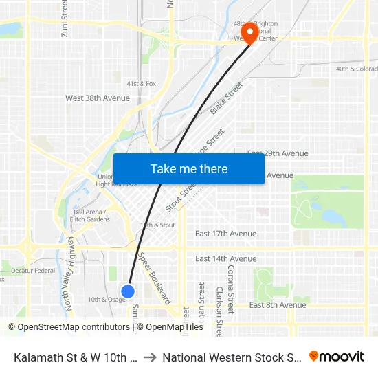 Kalamath St & W 10th Ave to National Western Stock Show map