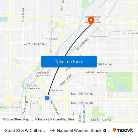 Stout St & W Colfax Ave to National Western Stock Show map