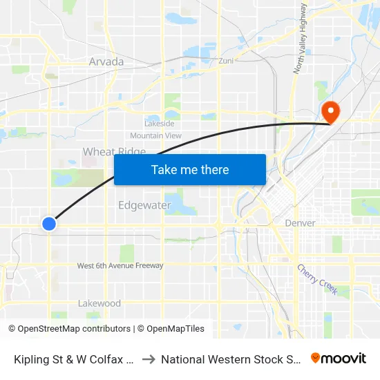Kipling St & W Colfax Ave to National Western Stock Show map