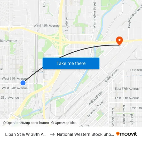 Lipan St & W 38th Ave to National Western Stock Show map