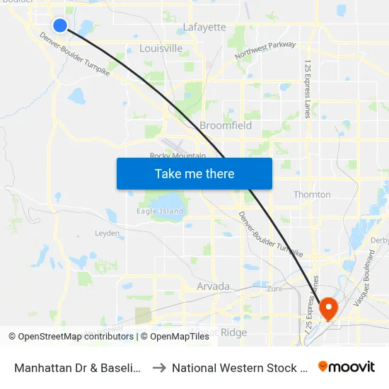 Manhattan Dr & Baseline Rd to National Western Stock Show map