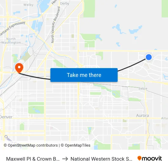 Maxwell Pl & Crown Blvd to National Western Stock Show map