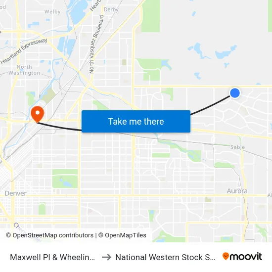 Maxwell Pl & Wheeling St to National Western Stock Show map