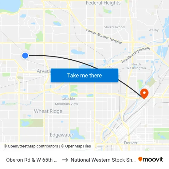Oberon Rd & W 65th Ave to National Western Stock Show map