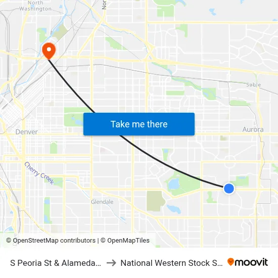 S Peoria St & Alameda Ave to National Western Stock Show map