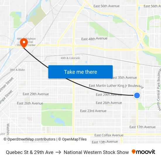 Quebec St & 29th Ave to National Western Stock Show map